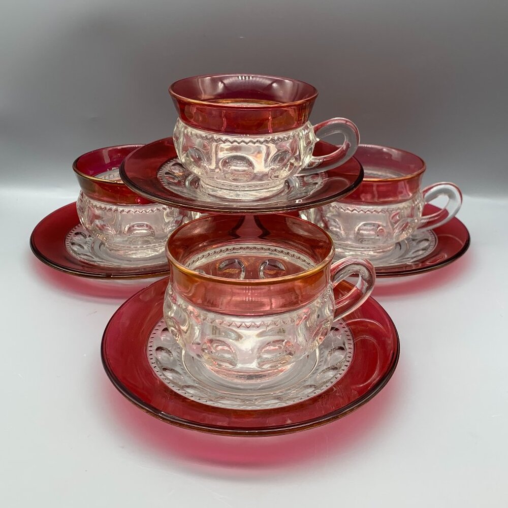 Vintage Colony Glass Kings Crown Ruby Flash Coffee Cups/Saucers (4 sets)